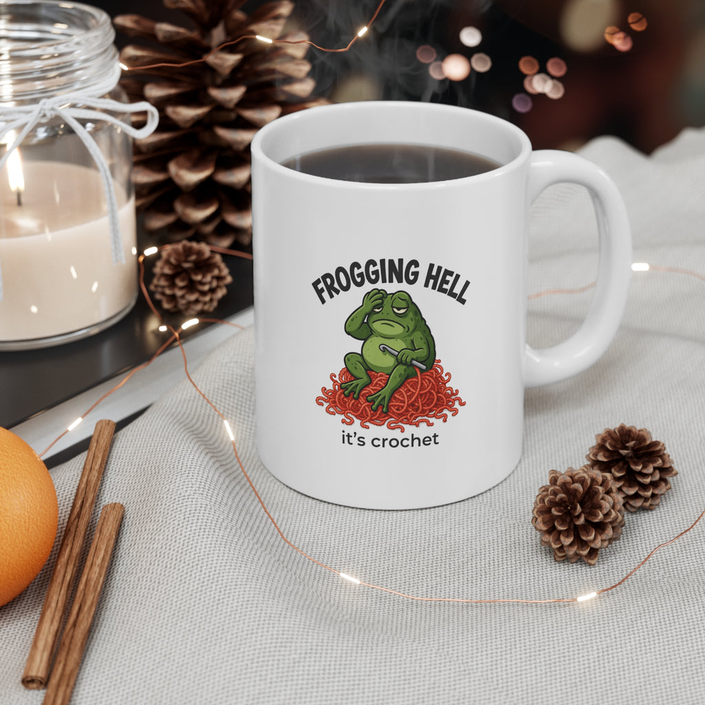 Ceramic Mug — "Frogging Hell" Funny Crochet Frog Coffee Cup (11oz)